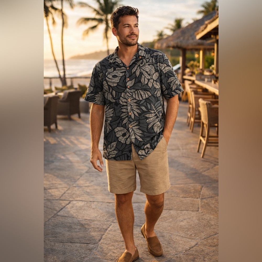 Edwards Tropical Hawaiian Shirt XL Gray Black Leaf Camp Aloha Resort